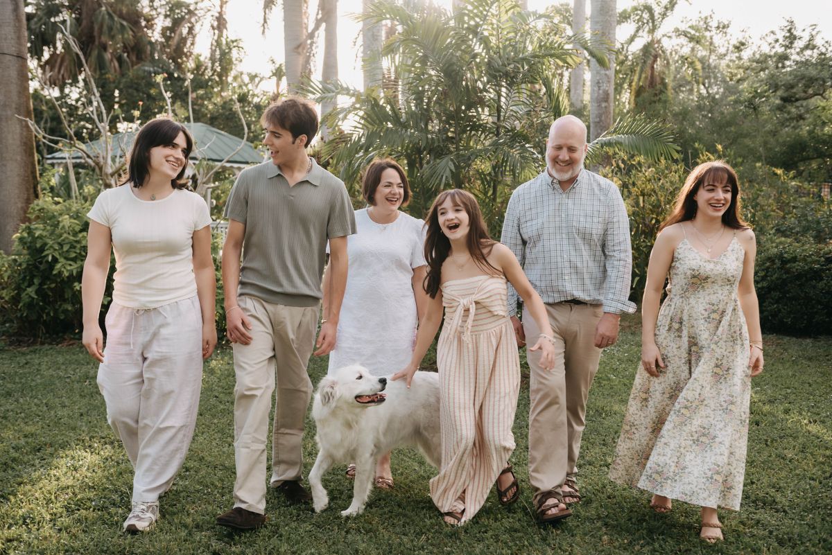 Family walking and laughing